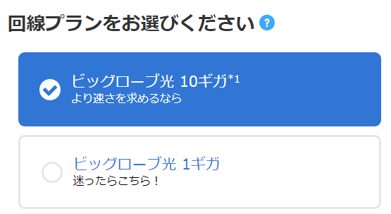 「回線プラン」で「ビッグローブ光10ギガ」を選ぶ