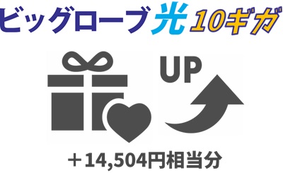 ④ビッグローブ光10ギガは月額料金値引きを含め「最大14,504相当分」1ギガより特典が多い