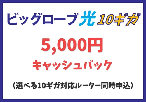 【選べる10ギガ対応ルーター】同時申込で5,000円キャッシュバック【ビッグローブ光10ギガキャンペーン】